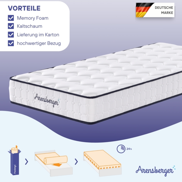 Arensberger LENA Federkernmatratze mit Memoryschaum | 140x200cm Höhe 21cm | Härtegrad H3| HR Taschenfederkern Matratze | Rollmatratze Bild 5