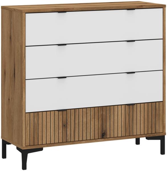 Kommode Eiche mit weiß und Lamellenoptik RISBY-129, 4 Schubladen