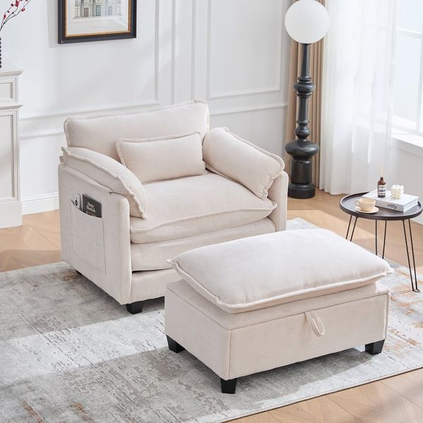 KLAM HOME Loungesessel Moderner übergroßer Sessel mit Fußstütze und Hocker, Samt (Relaxsessel mit Seitentaschen und Kissen), für Wohnzimmer, Schlafzimmer und Wohnung