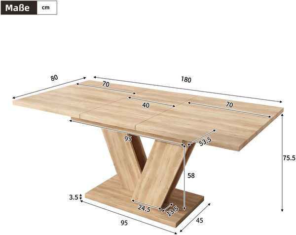 Merax Ausziehbarer Esstisch 140/180*80 cm, geeignet für 4-6 Personen, rechteckiger Esstisch, verdickte Tischplatte, V-förmige Beine, ausziehbarer Esstisch, Eichenfarbe Bild 4