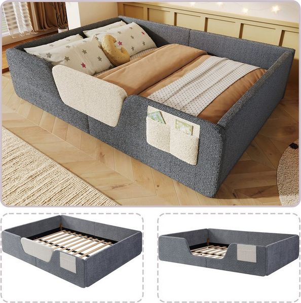 BlingBin Polsterbett Kinderbett mit abnehmbaren Seitengittern & Staufläche (Jugendbett, 1-tlg, 140 x 190 cm), integrierte Stofftasche zur Aufbewahrung, Samt, ohne Matratze