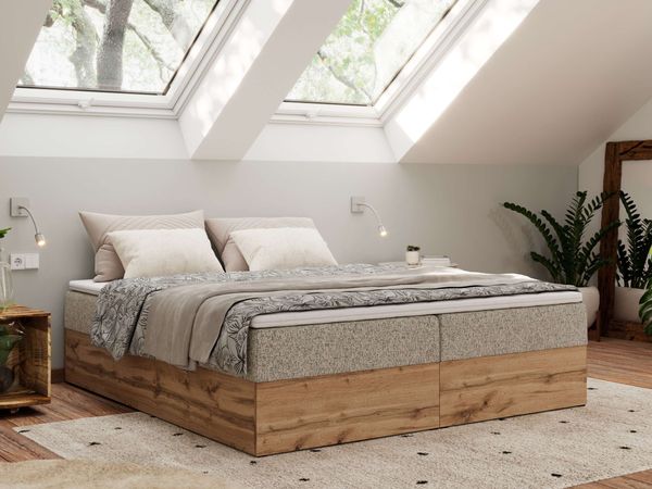 Polsterbett mit Bettkasten, Boxspringbett ohne Kopfteil WOOD ZERO, 7-Zonen Multipocket-Matratze und Topper, modernes Bett für Schlafzimmer - Dunkelbeige Strukture - 140 x 200 cm - H3