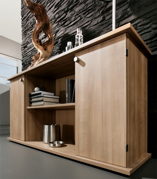 bümö Sideboard Ahorn mit Flügeltüren & Regal - Büromöbel Sideboard Holz 166cm breit, 45cm schmal, Büro Schrank für Flur oder als Wohnzimmer-Kommode mit Relinggriffen, SB2T-3-3-RE Bild 10