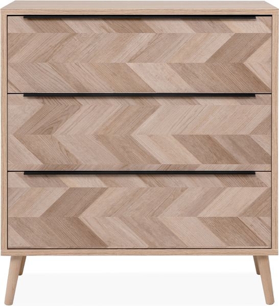 Calicosy 'TORUN' Kommode mit 3 Schubladen in Sonoma Eiche und Fischgrätmuster L80 cm - Helles Holz