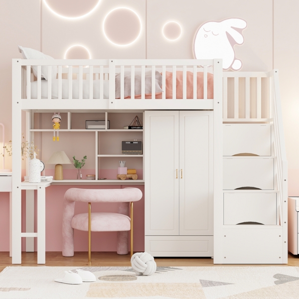 Hochbett Massivholz 90x200 cm mit Schubladentreppe und Arbeitsbereich Platzsparendes Einzelbett mit Schreibtisch und Stauraum Etagenbett Multifunktionsbett All-in-One Design für Kinder Jugendliche Erwachsene Schlafzimmer Raumoptimierung Modernes Wohnen