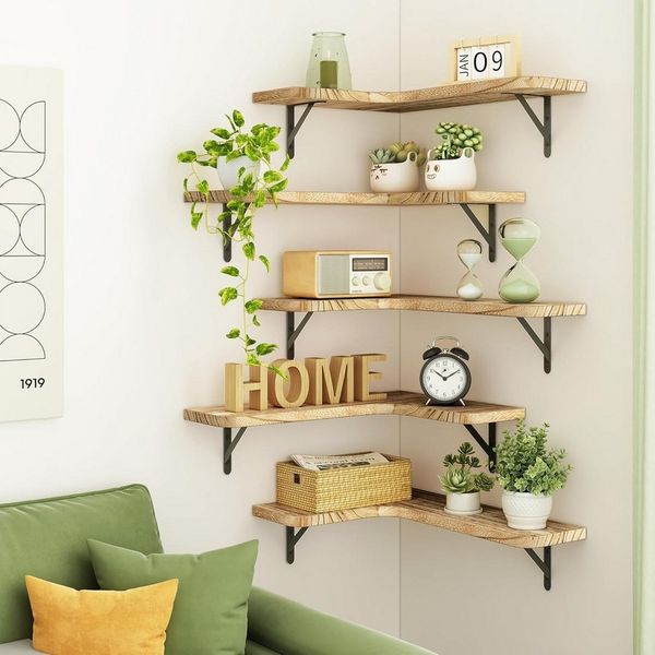 BlingBin Wandboard Schwebendes Eckregal, 5er Set Wandregal, Regalbrett aus Holz, 5er Set 5-tlg, Schweberegale für Badezimmer, Wohnzimmer, Küche, Hellbraun