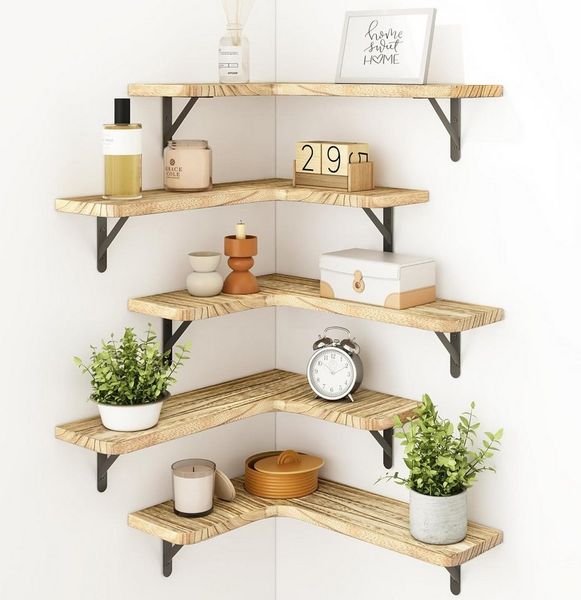 BlingBin Wandboard Schwebendes Eckregal, 5er Set Wandregal, Regalbrett aus Holz, 5er Set 5-tlg, Schweberegale für Badezimmer, Wohnzimmer, Küche, Hellbraun