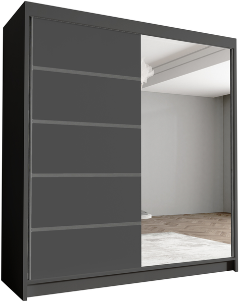 Schwebetürenschrank Harry III 180 cm mit Spiegel - Kleiderschrank, Schiebetürenschrank mit Kleiderstange und Einlegeboden, Schlafzimmerschrank, Schiebetüren - 180x215x58 cm (Schwarz)