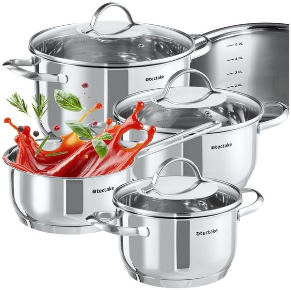 tectake Topf-Set Kochtopfset, Edelstahl, 7-teilig, aus Edelstahl, für Induktion geeignet