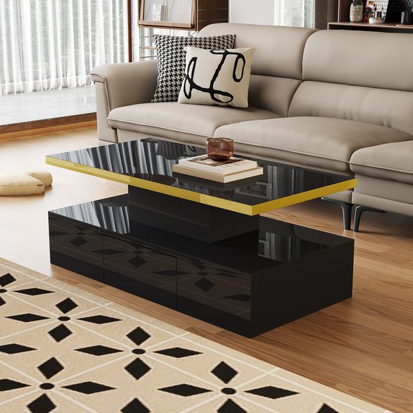 Moderner Couchtisch Hochglanz Schwarz mit Schublade Wohnzimmer Tisch Design Ablage Luxus Möbel