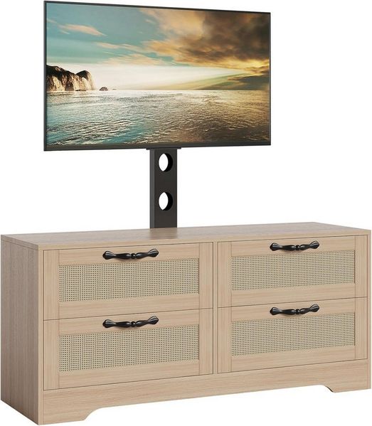 GarveeMore TV-Schrank mit 4 Rattan Schubladen & TV-Wandhalterung für bis zu 70 Zoll Holz TV Möbel Entertainment Center für Wohnzimmer & Schlafzimmer