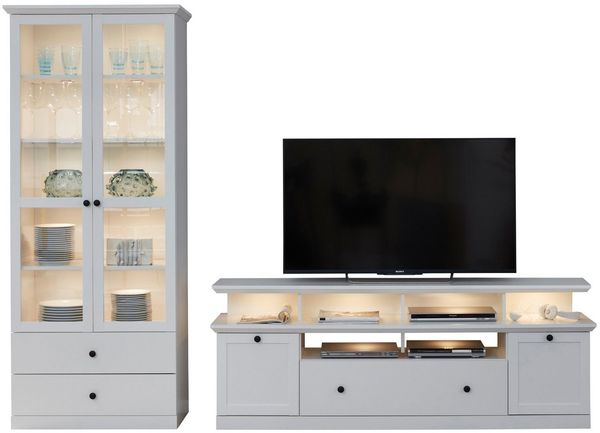 trendteam Wohnwand Baxter, (Wohnzimmer Set in weiß Landhaus, 3-teilig, 270x196 cm), mit großem TV Lowboard