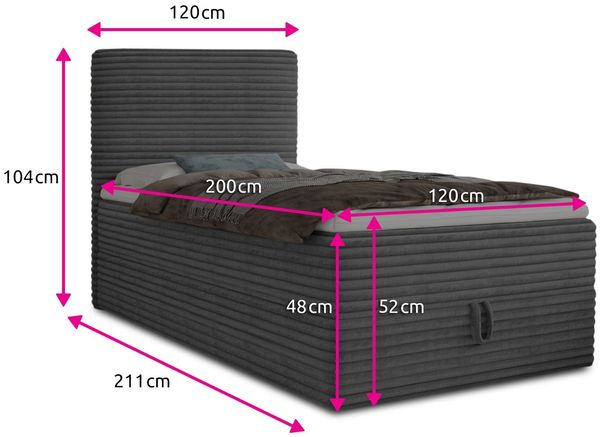 Sofnet Boxbett Mollo Mini (großer Bettkasten, Bonell-Matratze und Topper), Einzelbett, Polsterbett mit Kopfteil, Boxspringbett, Cordstoff Bild 4
