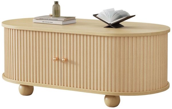 MODFU Couchtisch ovaler Couchtisch – minimalistisches Design (Satztisch, Wohnzimmertisch Beistelltisch, 1-St, 2 Schiebetür), ovale Form, Vertikale gestreifte Schranktüren