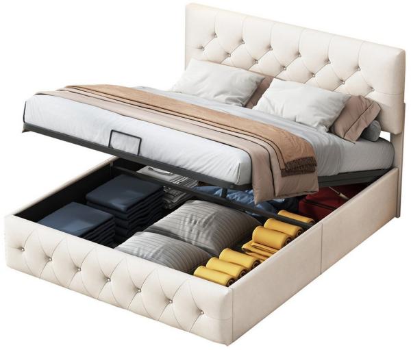 FUROKOY Polsterbett Boxspringbett Hydraulisches Doppelbett (1-tlg), 140x200 cm,mit Stauraum und Höhenverstellbares Kopfteil,Samt,Beige