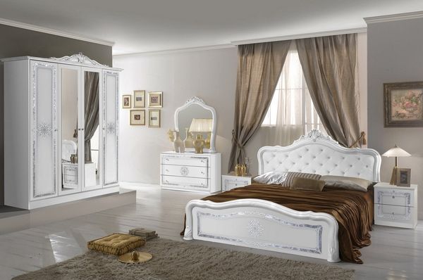 Interdesign24 Schlafzimmer-Set Livia, (im klassischen Barock Stil, 6-Teilig), in Weiß/Silber Hochglanz