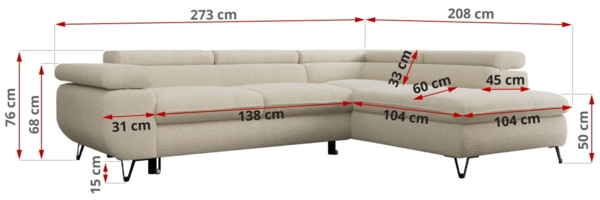 Mks Möbel 'Pedro L-Form' Ecksofa mit Schlaffunktion, verstellbaren Kopfstützen & Bettkasten, Hellbeige, Mikrofaser, links Bild 8