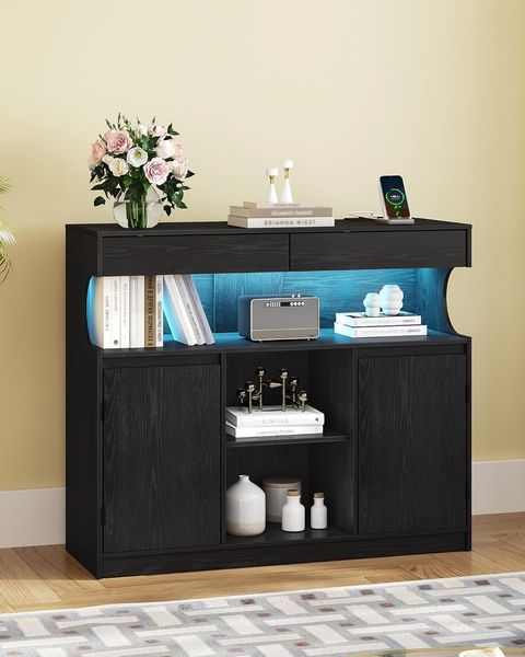 Sideboard, Küchenschrank mit Steckdosenleiste und LED-Licht, Buffetschrank, 2 Schubladen und 2 Türen, Verstellbaren Regalen, Esszimmer, Küche, 35 × 100 × 85cm, Schwarz