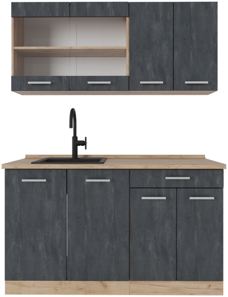 Küchenzeile R-Line Schwarz Beton/Goldkraft Eiche 140 cm AP Eiche Vicco