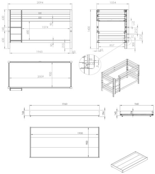 Vipack 'Pino' Etagenbett 90x200 cm, natur, Kiefer massiv, inkl. Gästebett Bild 3