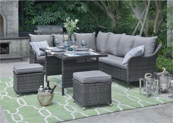 HTI-Living Garten-Essgruppe Outdoor Möbel Ecksofa mit Tisch und Hocker, (Set, 5-tlg, 1x Tisch, 2x Hocker, 2x 3-Sitzern, Inkl. Sitzkissen), Loungemöbel Gartenmöbel Garnitur