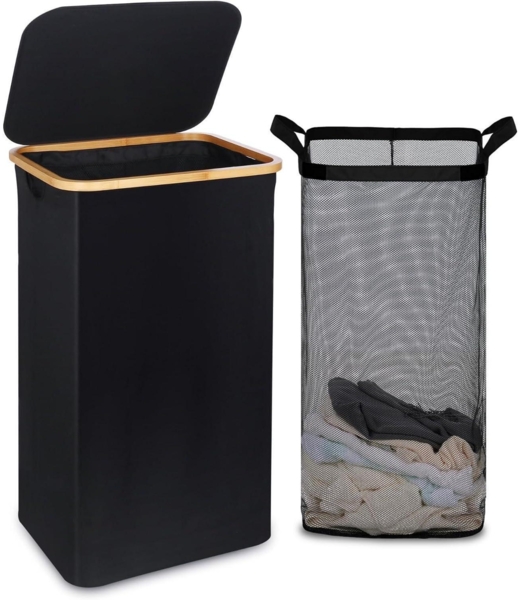 efluky Wäschekorb 100L Bambus Deckel faltbar XXL black Laundry Basket