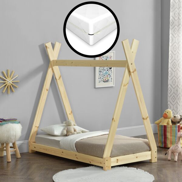 [en.casa] Tipi-Bett Natur 70x140 cm inkl. Lattenrost und Matratze