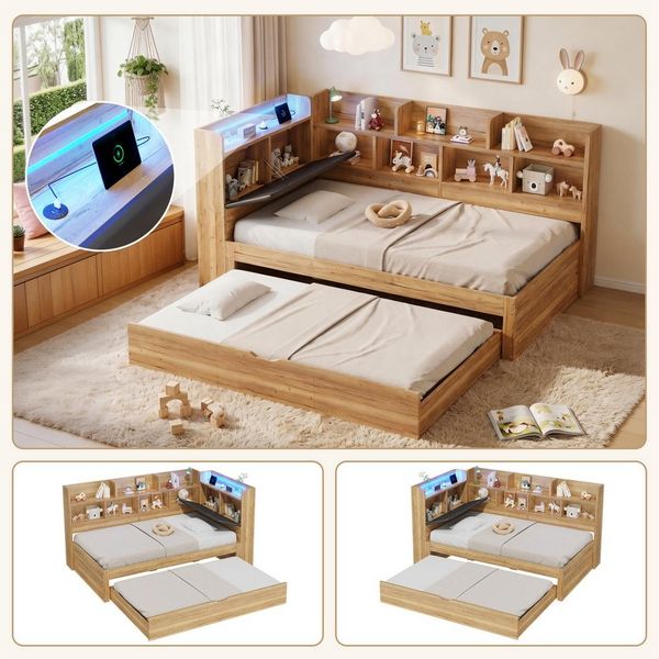 REDOM Holzbett L-förmiges Holzbett 90x200 cm in Naturfarbe mit LED & USB (Kinderbett, Stauraumbett, Tagesbett, 1-tlg, Inkl. Ausziehbett & Regalen, praktisches Daybett(ohne Matratze), Stauraum integriert, ideal für Kinderzimmer & Gästebereich
