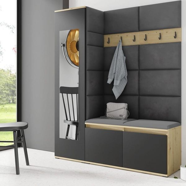 Garderoben-Set LINDA – Kleiderschrank mit Polsterplatten, Schuhschrank und Schrankaufsatz, für Flur und Eingangsbereich (Artisan/Schwarz, Trinity 15), 185 x 40 x 145 cm