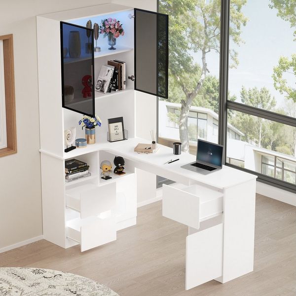 Merax Eckschreibtisch mit Regal und LED Glasvitrine, (1-St, Schreibtisch mit 3 Schubladen, Haustierfach), Computertisch, Bürotisch, 120×80×180 cm, Weiß