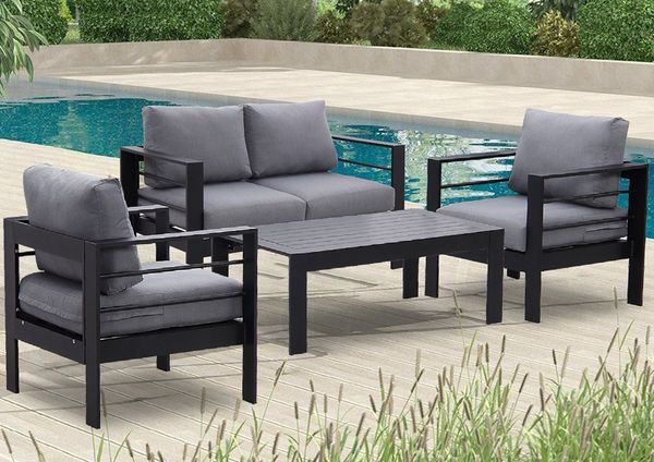 MeXo Gartenlounge-Set XXL Gartenmöbel Set Aluminium Outdoor, (Balkonmöbel für Kleinen Balkon, 4-tlg, 1×2-Sitzer Sofa, 2×Sessel, 1×Tisch, 8×Auflagen), wetterfest Sitzgruppe Essgruppe Gartengarnitur für 3-4 Personen