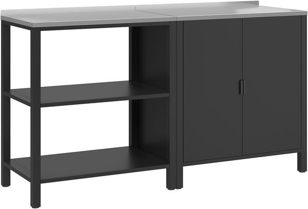 STEELSØN 'Zephios' Set aus Outdoor Metallregal und Metallkommode, mit Arbeitsplatte aus Edelstahl und 4 Fächern, Doppeltür, wetterfest, schwarz, 90 x 80 x 50 cm