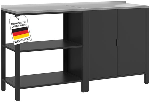 STEELSØN 'Zephios' Set aus Outdoor Metallregal und Metallkommode, mit Arbeitsplatte aus Edelstahl und 4 Fächern, Doppeltür, wetterfest, schwarz, 90x80x50 cm