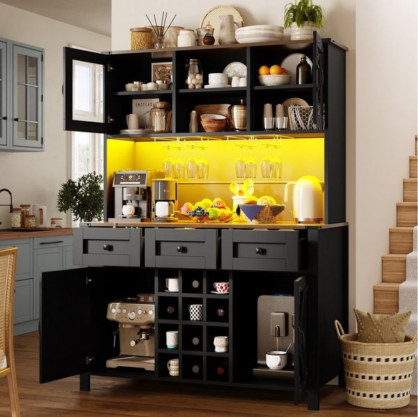 Odikalo Küchenbuffet Küchenschrank Buffetschrank mit LED Weinregal (mit USB-Anschlüssen und Steckdosen, Seitenschrank mit 4 Türen & 3 Schubladen,Sideboard mit LED-Lichtleiste, Küchenschrank, Aufbewahrungsschrank, Anrichte, 120×40×170cm)