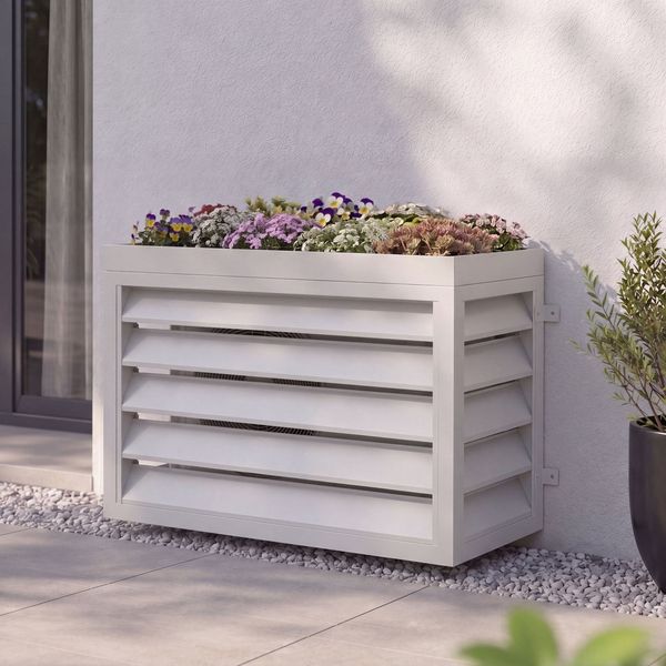 Verkleidung für Klimaanlage/Wärmetauscher HWC-O43 mit Pflanzkasten, Abdeckung, Metall 77 x 104 x 50 cm ~ grau-weiß