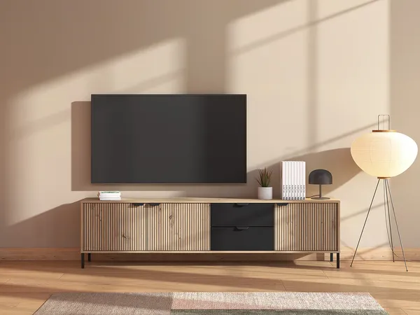Vente-unique - MERELA TV unit Holz, Platte SchwarzBeige - B 40,1 cm x H 54,3 cm x L 208,2 cm