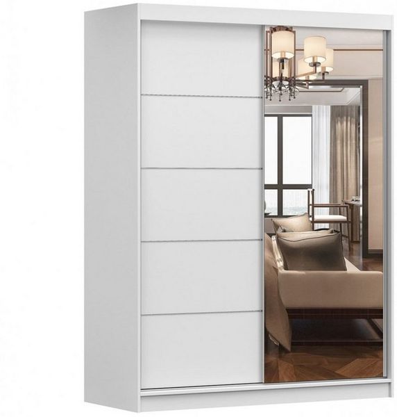 MOEBLO Kleiderschrank LARA 05 (mit Spiegel Schwebetürenschrank 2-türig Schrank mit vielen Einlegeböden und Kleiderstange, Gaderobe Schiebtüren Schlafzimmer-Wohnzimmerschrank Modern Design), (BxHxT): 150x200x61 cm