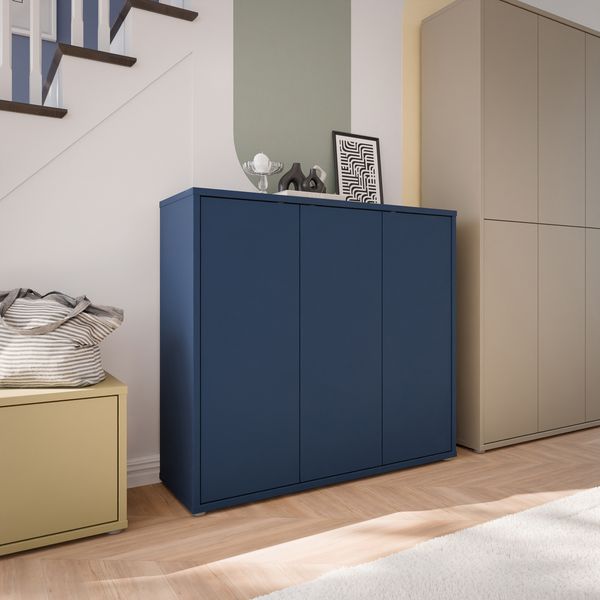 Forte ALICE SPRINGS Schuhschrank 100 110, modern-minimalistisch, 3-türig, Flurschrank, Holzwerkstoff, Nachtblau, 109,2 cm breit x 99,1 cm hoch x 34,9 cm tief