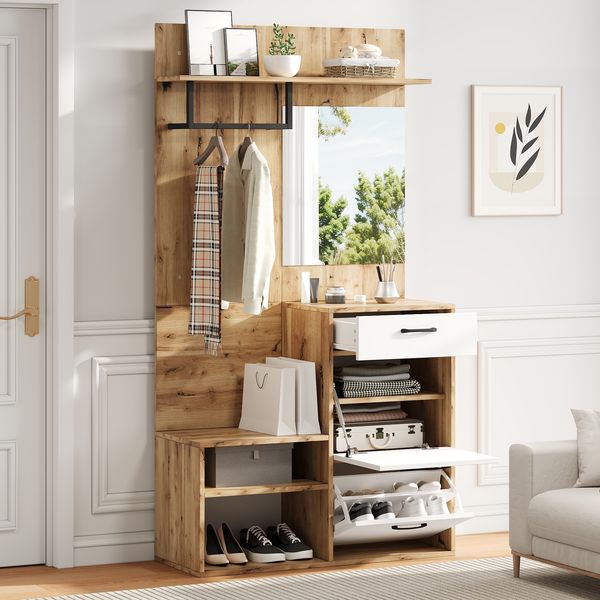 Merax 190cm Garderoben-Set mit Spiegel, Schuhbank, Schuhschrank, Flurschrank, Hängeschrankregal, Kompaktgarderobe, Mit 1 Schublade und 2 Schränken, Weiß + Original Holzfarbe