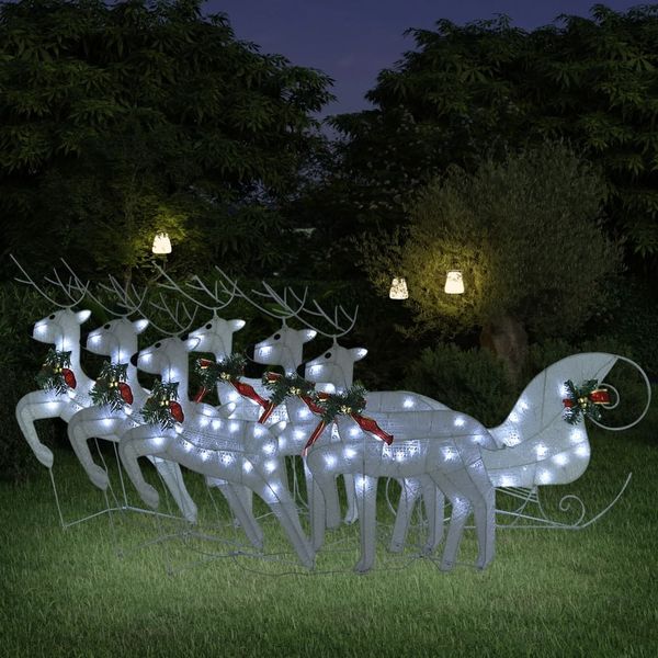 vidaXL Rentier mit Schlitten Weihnachtsdekoration 140LEDs Outdoor Weiß 3100432