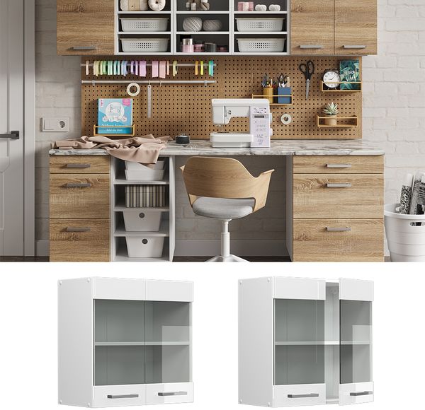 Hängeschrank R-Line Weiß Hochglanz 60 cm mit Glastüren Vicco Bild 2