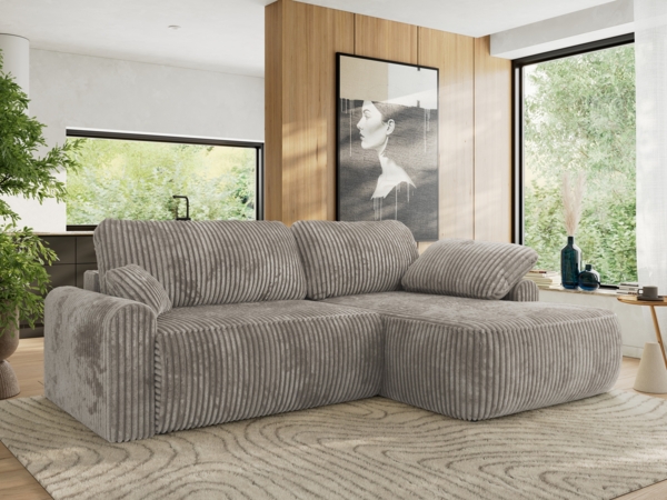 Ecksofa, L-förmiges, lose Kissen, DL-Schlaffunktion, (H 100 x T 187 x B 273 cm) - CUBO L - Cord Grau - rechte Seite