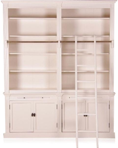 Casa Padrino Bücherregal im Landhausstil (B 200 x T 36 x H 240) mit Leiter (H 200 cm) weiss Antik-Look - shabby-chic Regalschrank, Bücherschrank