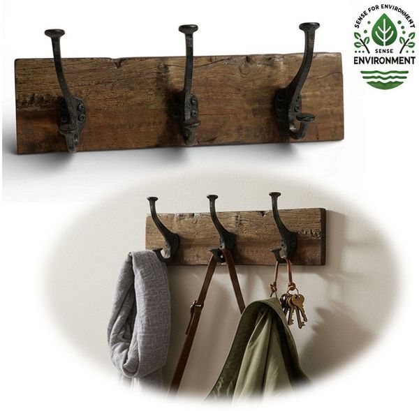 LS-LebenStil Wandgarderobe Vintage Teak Holz Wandgarderobe 38cm 3/6 Haken Jackenhalter Braun (Nachhaltige Wandgarderobe 3 Haken 3-fach Doppelhaken, 1 St, Stabile Gusseisen Kleiderhaken Hakenleiste Mäntel Jacken), Garderobenleiste Garderobenhaken Garderobe