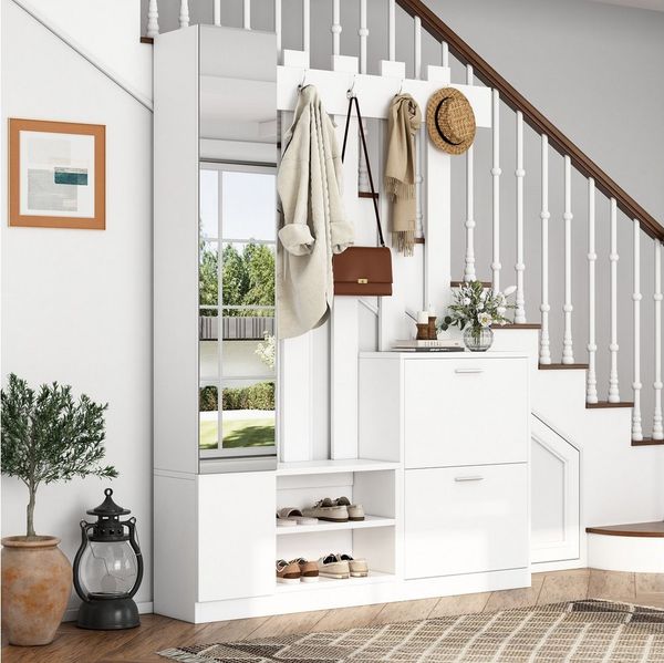 OKWISH Garderoben-Set 180cm hoch, mit Spiegel, (Flurschrank, Hängeschrankregal, 1-St, 2 unteren Klapptüren-Schuhschränken + 2 Aufbewahrungsschränke)