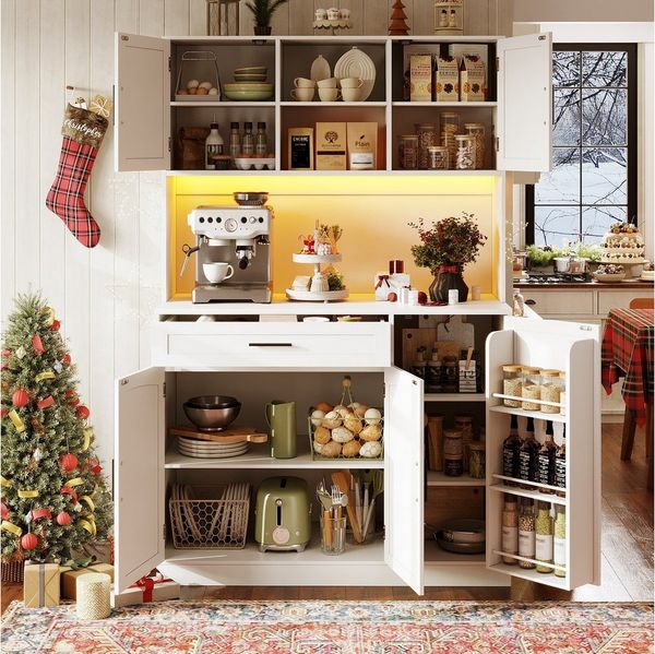 i@home Hochschrank Seitenschrank, Aufbewahrungsschrank, Küchenschrank 110x38x180 cm, fünf Türen, mit LED-Leiste und Steckdose, weiß