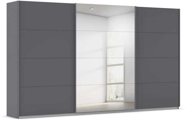 Rauch Möbel Kulmbach, Kleiderschrank mit Schwebetüren für Schlafzimmer, Kinderzimmer, Flur, 3-türig, mit Spiegel und Soft-Close-Funktion, Zubehör Premium, Farbe Grau metallic, Schwarz, Breite 360 cm