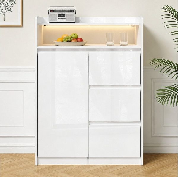 FUFU&GAGA Kommode Hochglanz Highboard mit 3 Schubladen, 110 cm hoch, mit LED-Beleuchtung