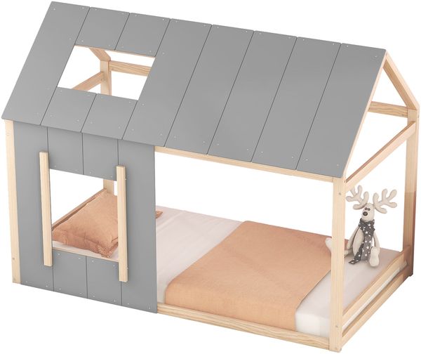 90 x 200 Kinderbett, Kinderbett in Hausform, Einzelhaus-Flachbett mit Dach und Fenster, Natur + Grau (ETA:12/8) Bild 6