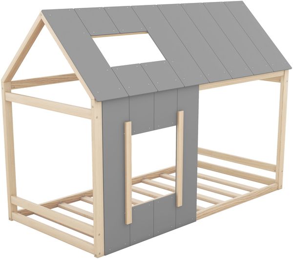 90 x 200 Kinderbett, Kinderbett in Hausform, Einzelhaus-Flachbett mit Dach und Fenster, Natur + Grau (ETA:12/8) Bild 8